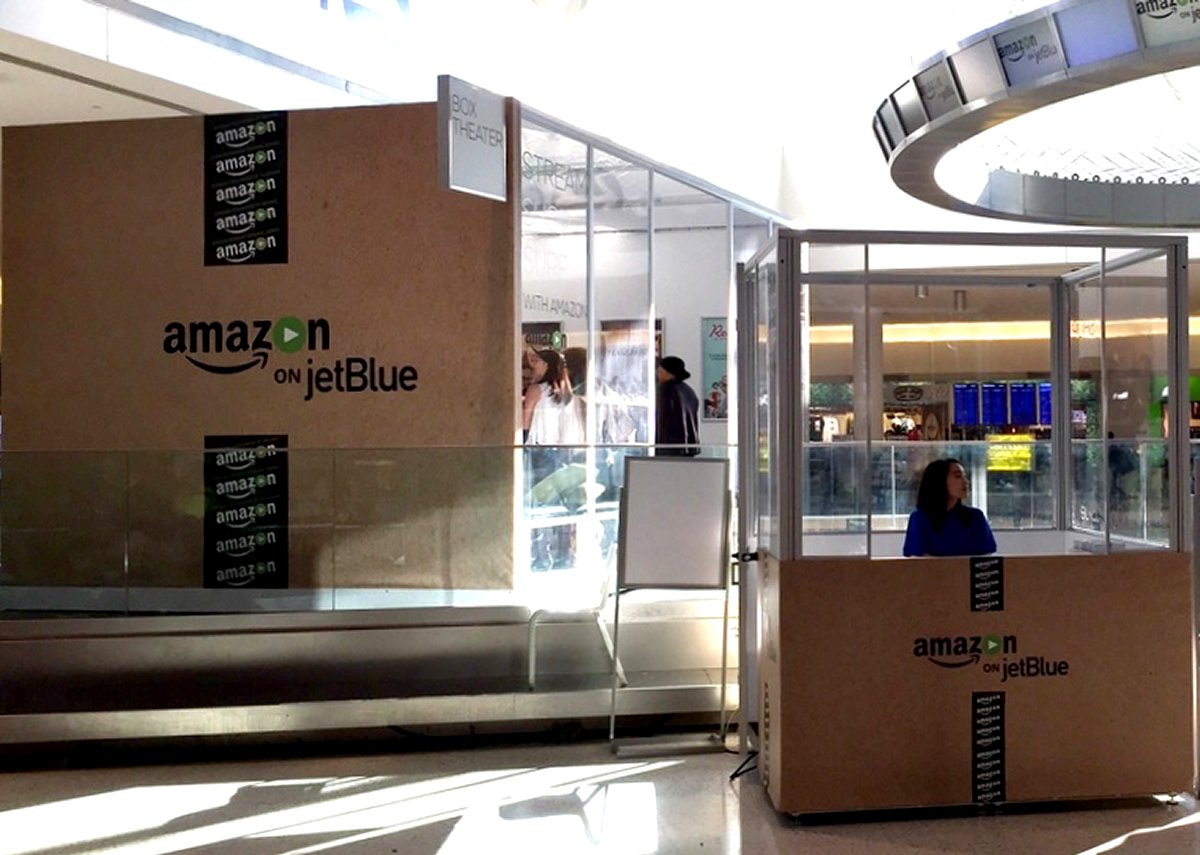 Amazon Jet Blue big box theater at JFK airport terminal